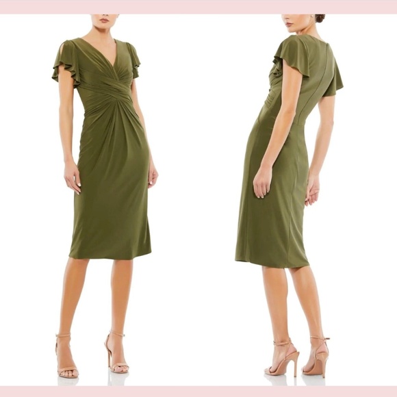 DEFECT Ieena Mac Duggal [ 4 ] Flounce Sleeve‎ Jersey Dress in Olive Green - Picture 1 of 16